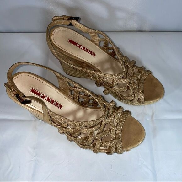 Prada Tan Braided Leather Wedges Size 36.5 Authentic - Picture 4 of 13